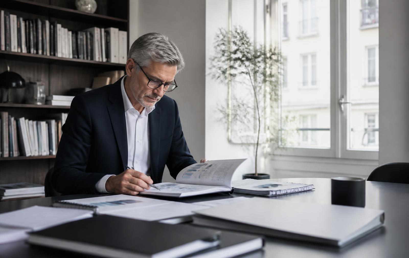Directivo revisando y anotando un informe empresarial
