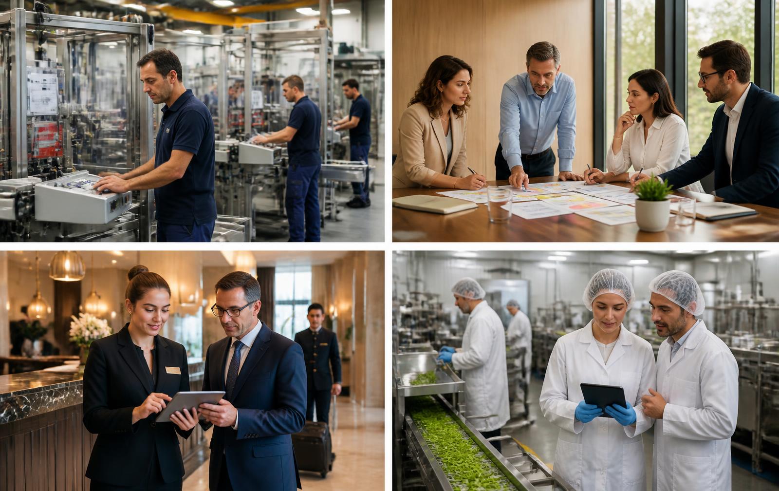 Collage de industria, servicios, operaciones hoteleras y producción agroalimentaria
